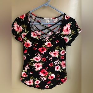 Eye Candy black large V-neck with pink flowers.